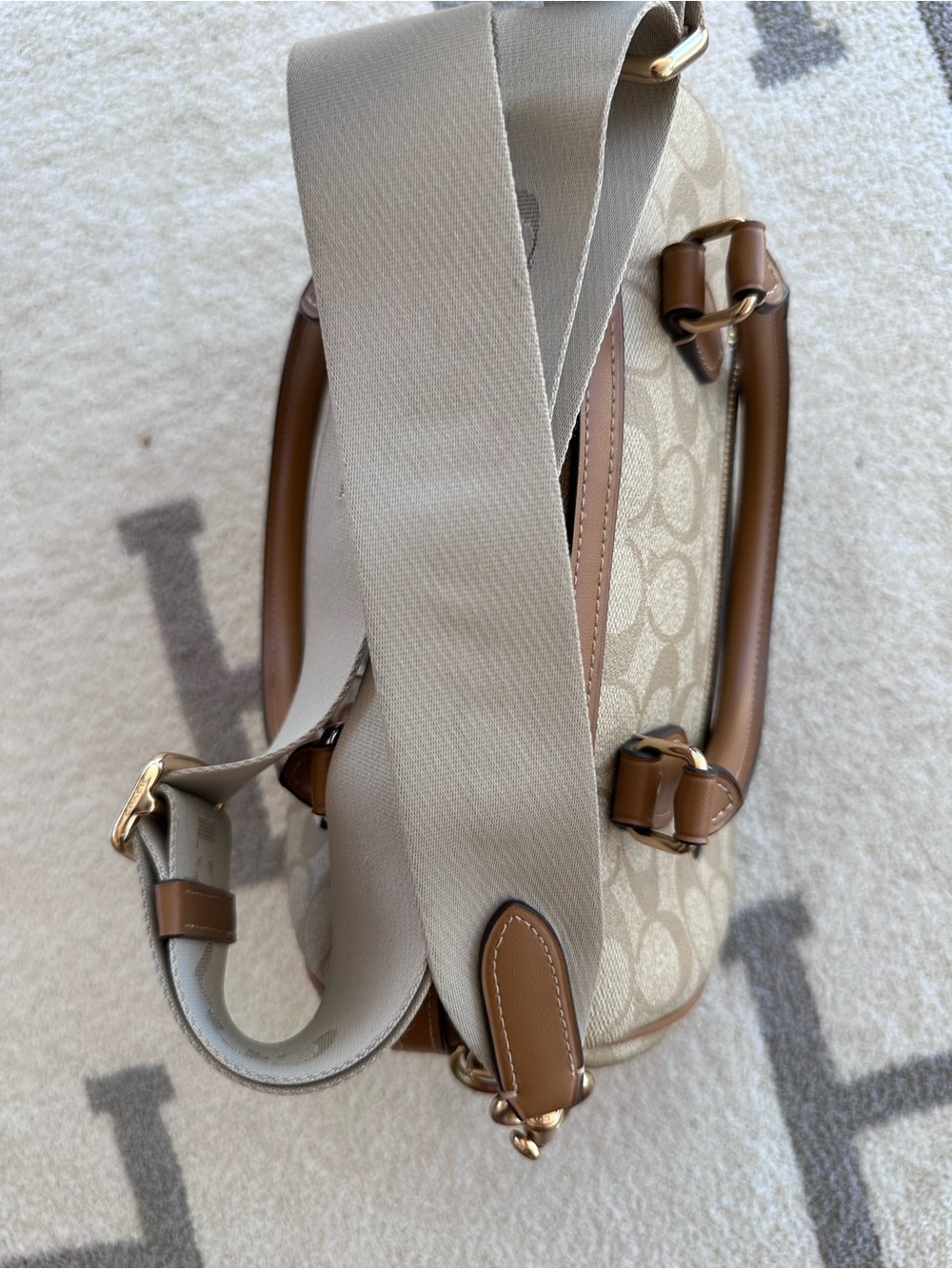 Coach Beige and Ivory Signature Barrel Satchel with Detachable Strap - Picture 14 of 14